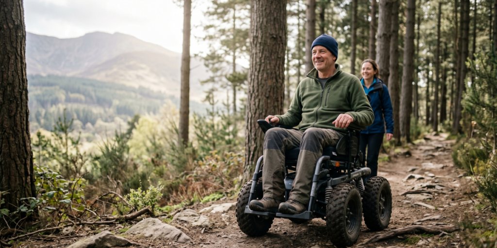 A man in a wheelchair riding along a dirt trail, enjoying the natural surroundings.