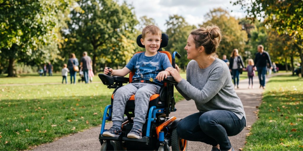 A woman and a child in a wheelchair enjoy a sunny day together in a vibrant park filled with greenery.