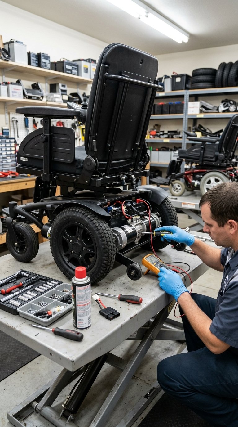 Technician repairs a power wheelchair motor with tools and a multimeter in a workshop.
