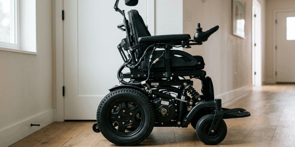 A black motorized wheelchair sits unoccupied in a hallway with wooden floors and light-colored walls.