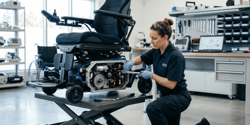 A technician in uniform repairs a motorized wheelchair on a lift in a workshop equipped with tools and machinery.