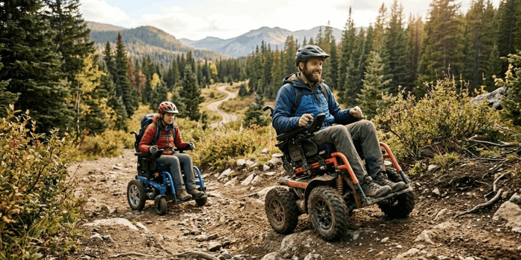 Two people navigating four-wheelers through a scenic mountain landscape, showcasing rugged terrain and vibrant nature.