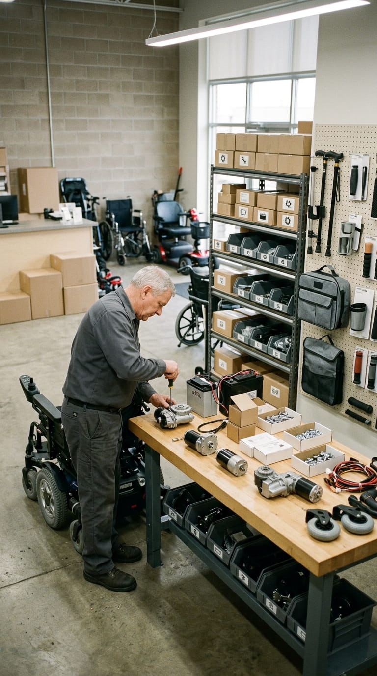 A man in a wheelchair works diligently at a table, surrounded by various tools and materials.