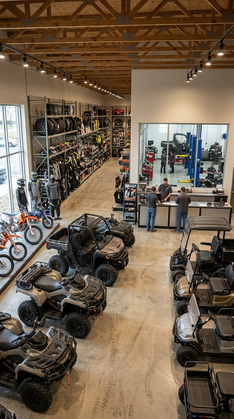 Showroom displaying ATVs, motorcycles, golf carts, and service bays with technicians.