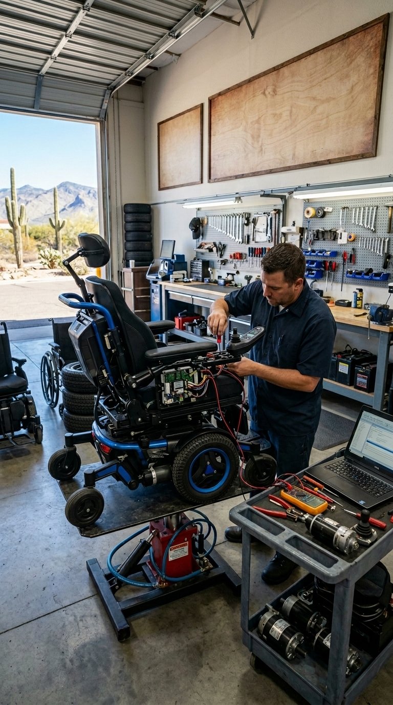 Technician repairs a power wheelchair in a garage with tools and spare parts.