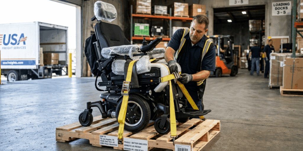 A man in a wheelchair is being lifted onto a pallet by two people, ensuring a secure and safe transfer.