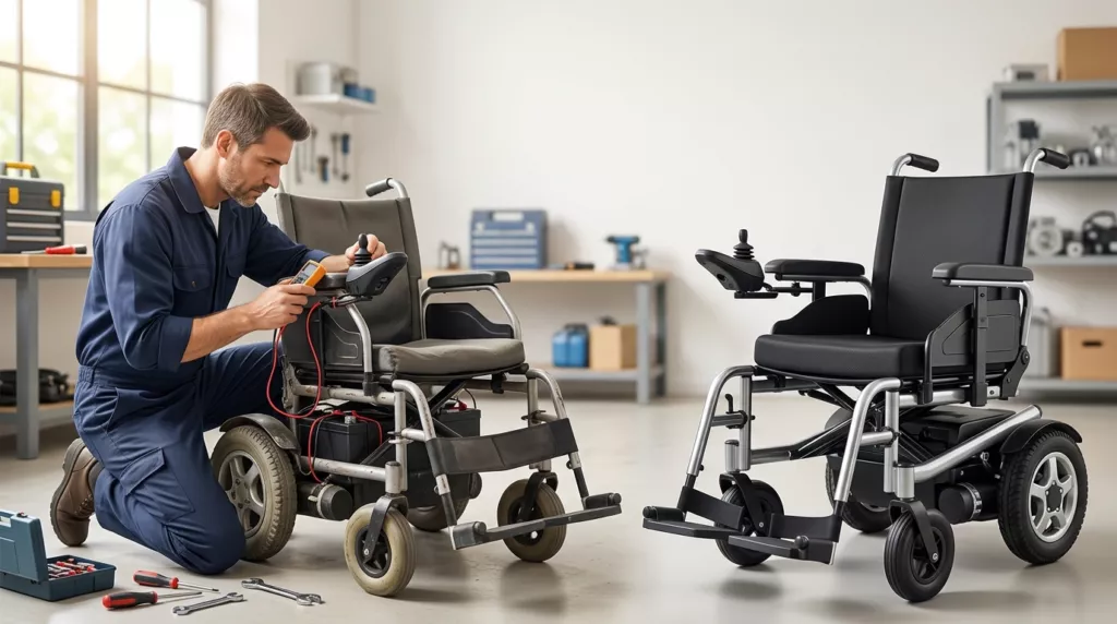 A technician in overalls repairs an electric wheelchair using tools, with a new electric wheelchair nearby in a workshop setting.